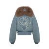 OZLANA Down Puffer Jackets | Rose Heart Zipped Denim Puffer Jacket With Furry Collar(Blue)