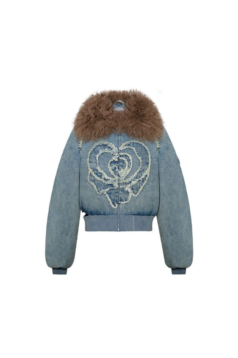 OZLANA Down Puffer Jackets | Rose Heart Zipped Denim Puffer Jacket With Furry Collar(Blue)