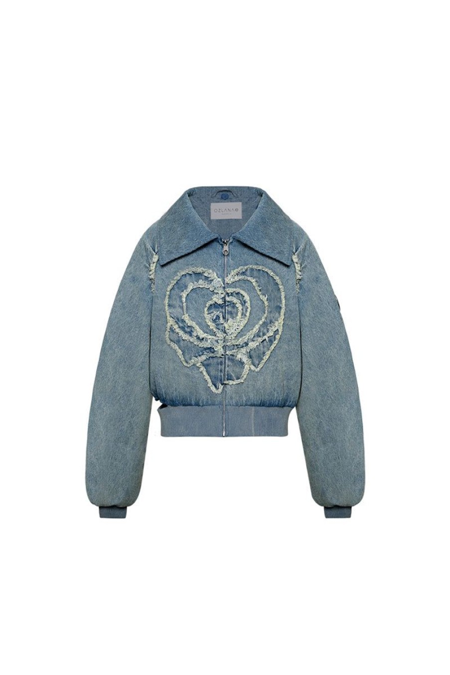 OZLANA Down Puffer Jackets | Rose Heart Zipped Denim Puffer Jacket With Furry Collar(Blue)