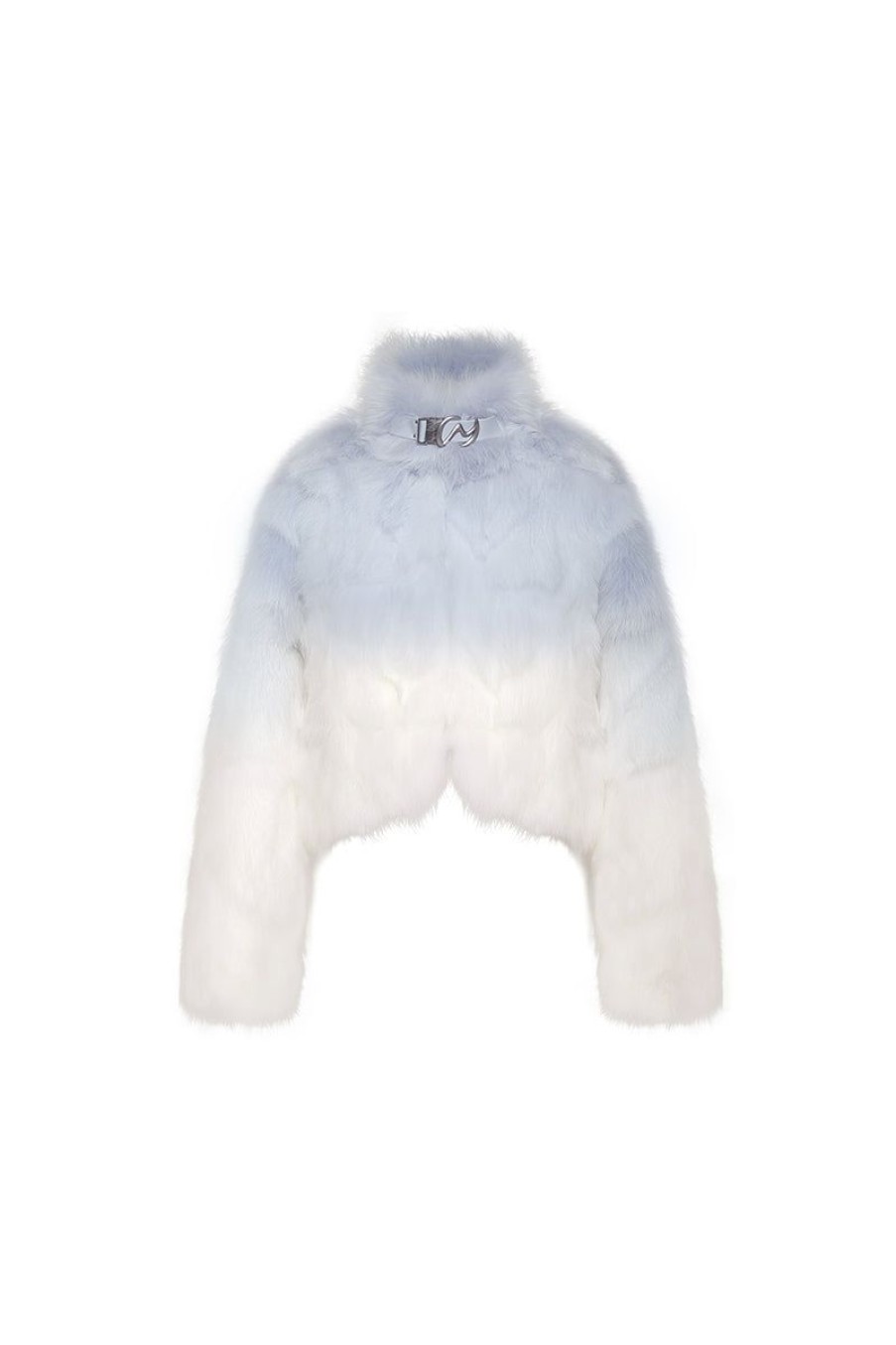 OZLANA Full Fur Jackets | Sunrise Gradient Cropped Buckle Neck Fox Fur Jacket (Blue Gradient)