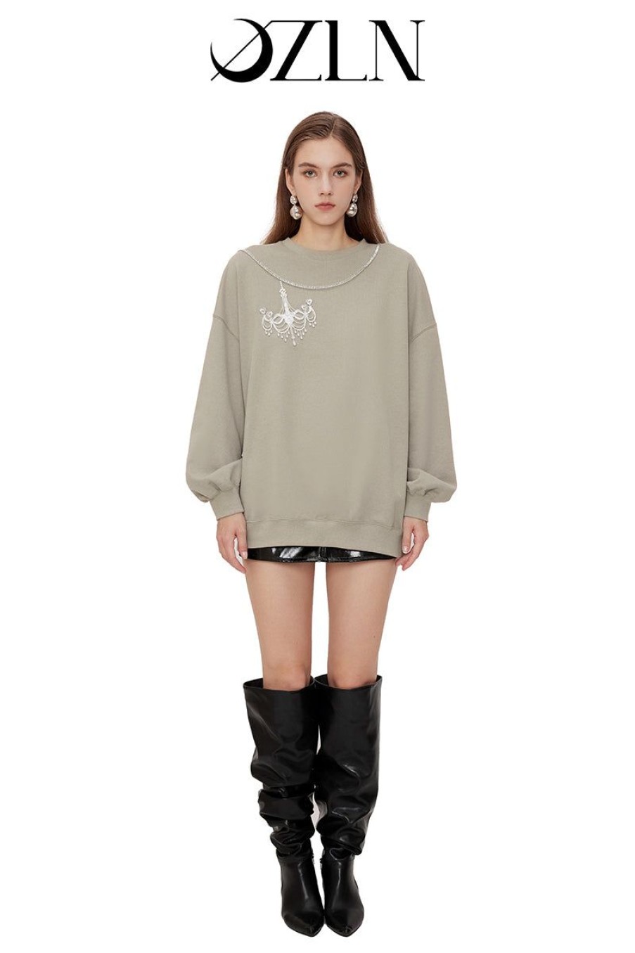 OZLANA Tops | Ozln Chandelier Oversized Crew Neck(Grey)