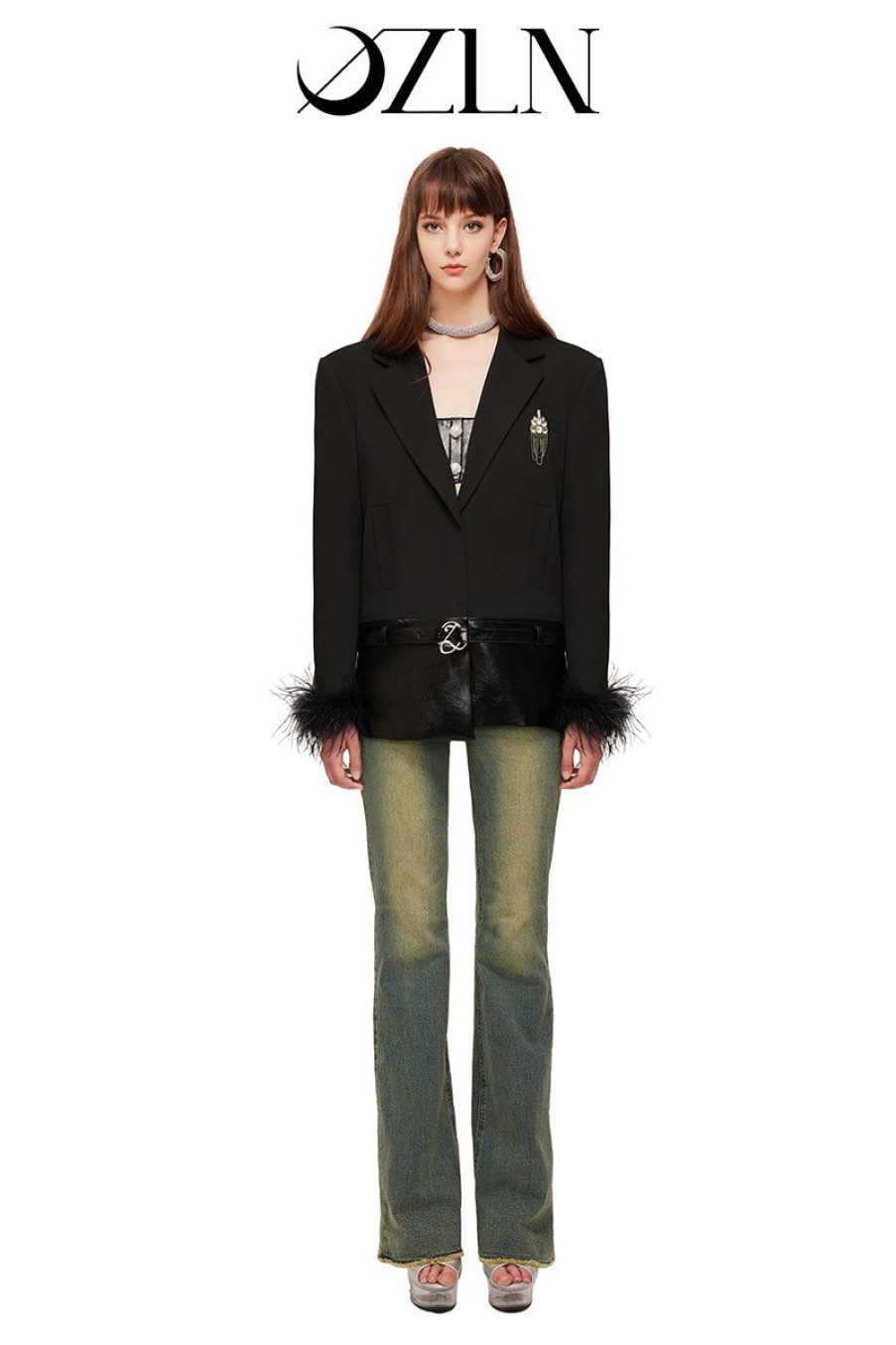 OZLANA Ozln | Ozln Faux Leather Splice Blazer Combo( Black)