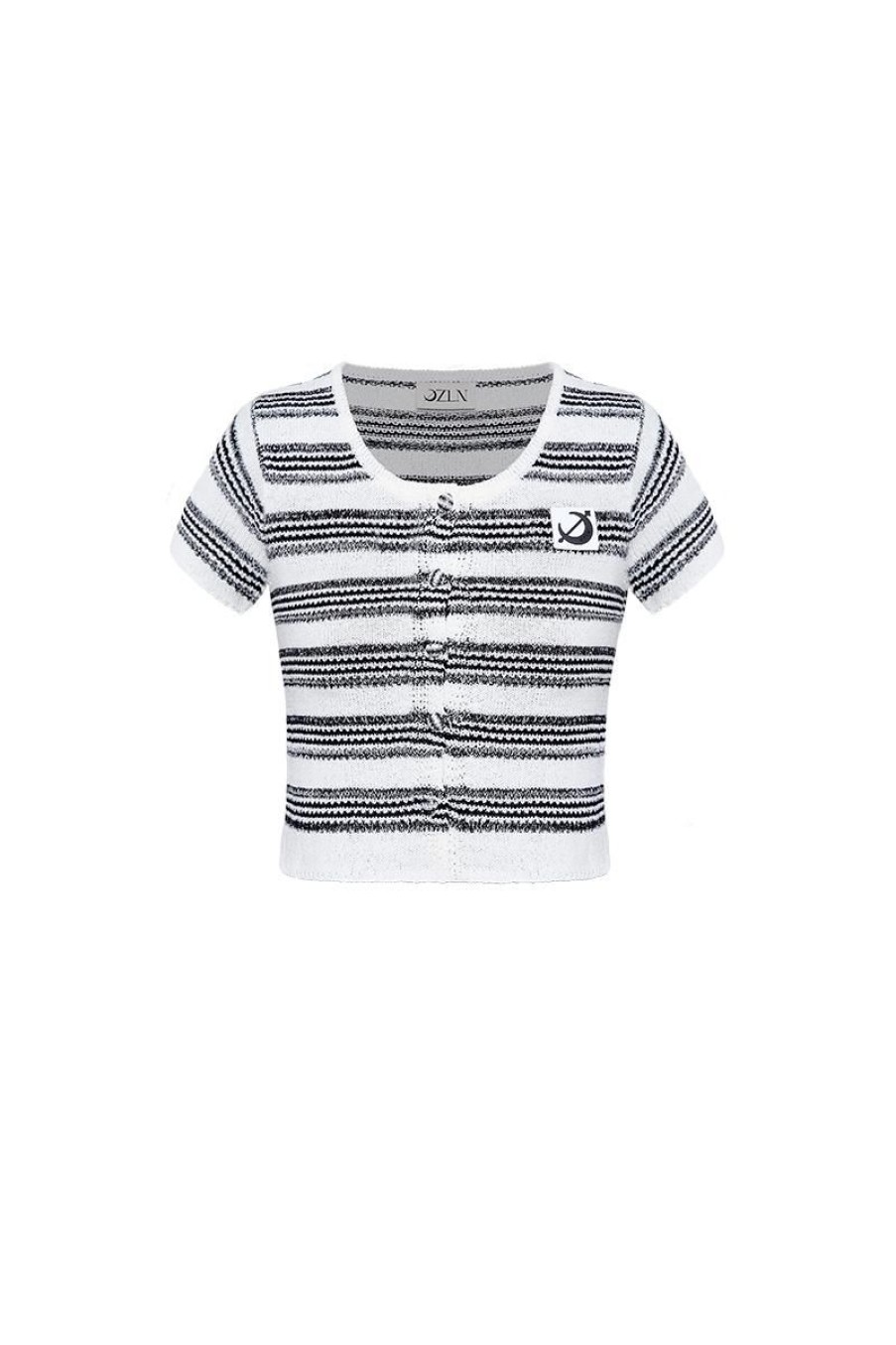 OZLANA Tee Shirts | Ozln Scoop Neck Stripe Knit Tee(White)