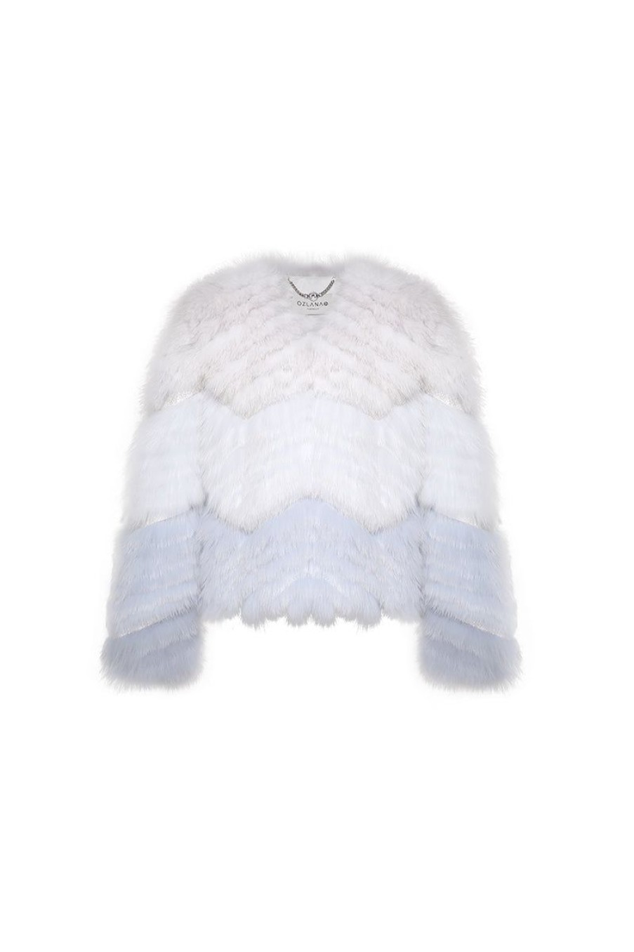 OZLANA Full Fur Jackets | Rippled Gradient Crystal Fringe Fox Fur Jacket(Blue Gradient)