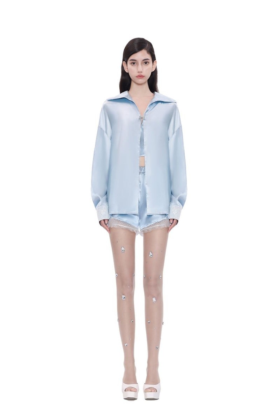 OZLANA Tops | Lost To Time Satin Oversized Shirt(Blue)