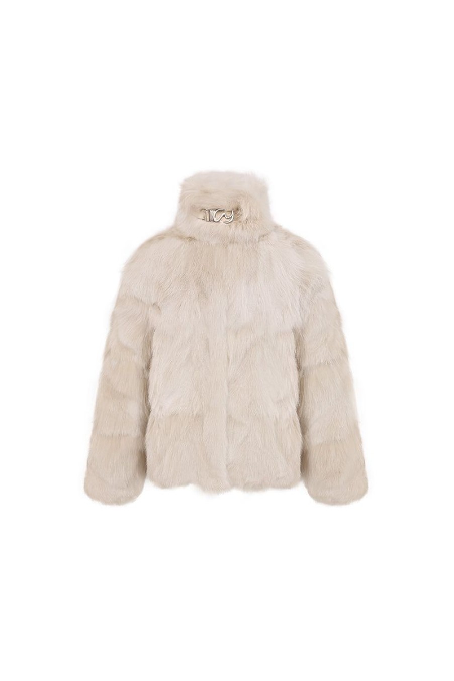 OZLANA Full Fur Jackets | Classic Buckle Collar Fox Fur Jacket (Cream)