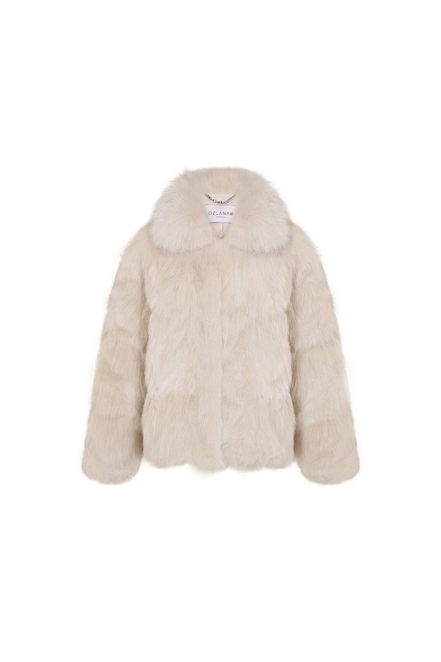 OZLANA Full Fur Jackets | Classic Buckle Collar Fox Fur Jacket (Cream)