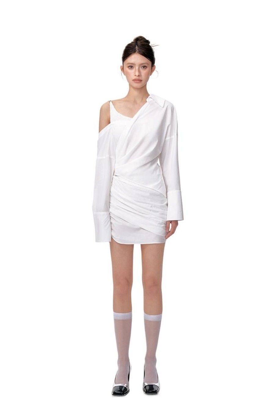 OZLANA Dresses & Sets | Asymmetrical Off-The-Shoulder Long Sleeve Shirt Dress (White)