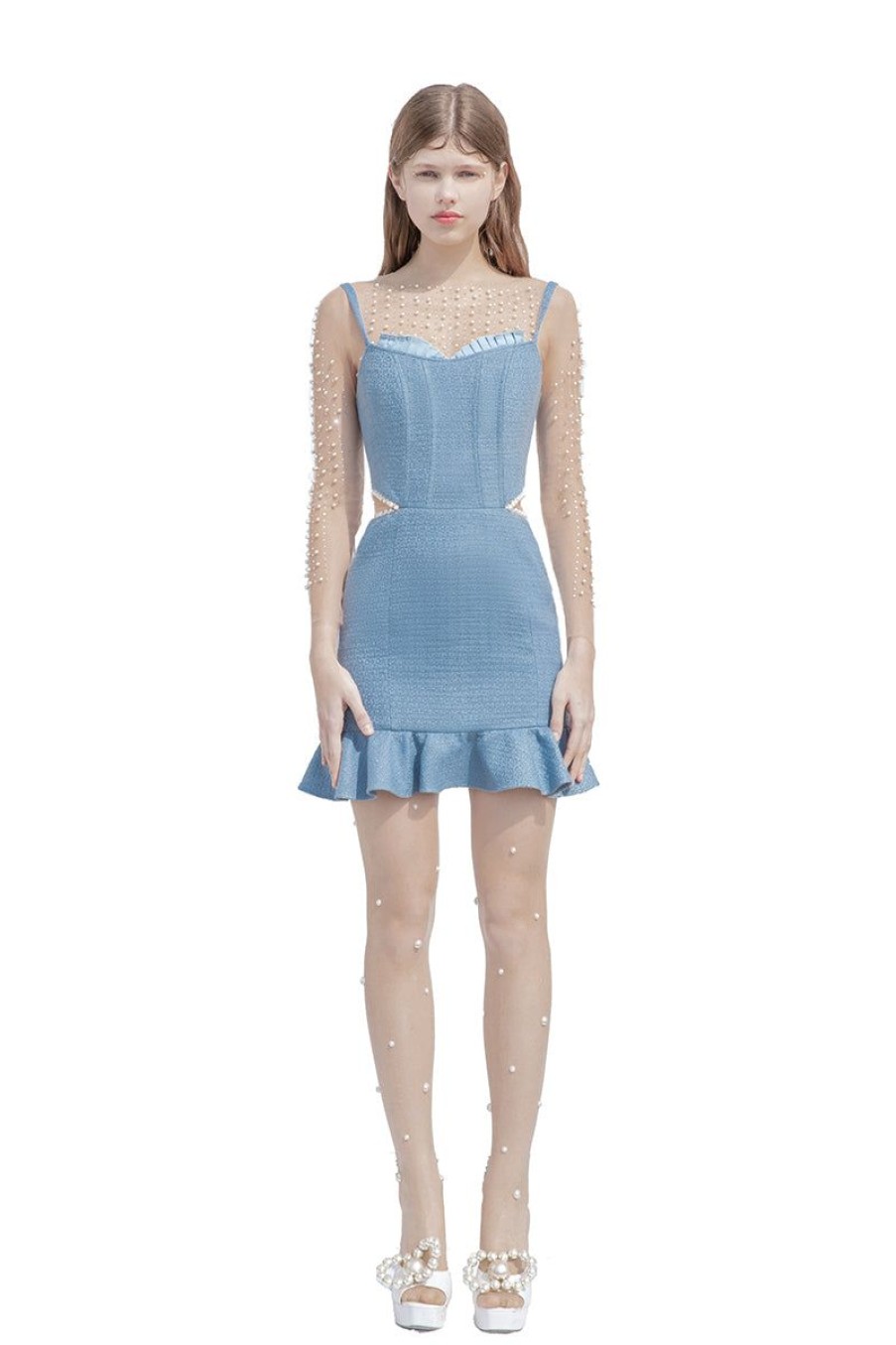 OZLANA Tweeds | Veil Of Water Open Work Mini Dress(Blue)