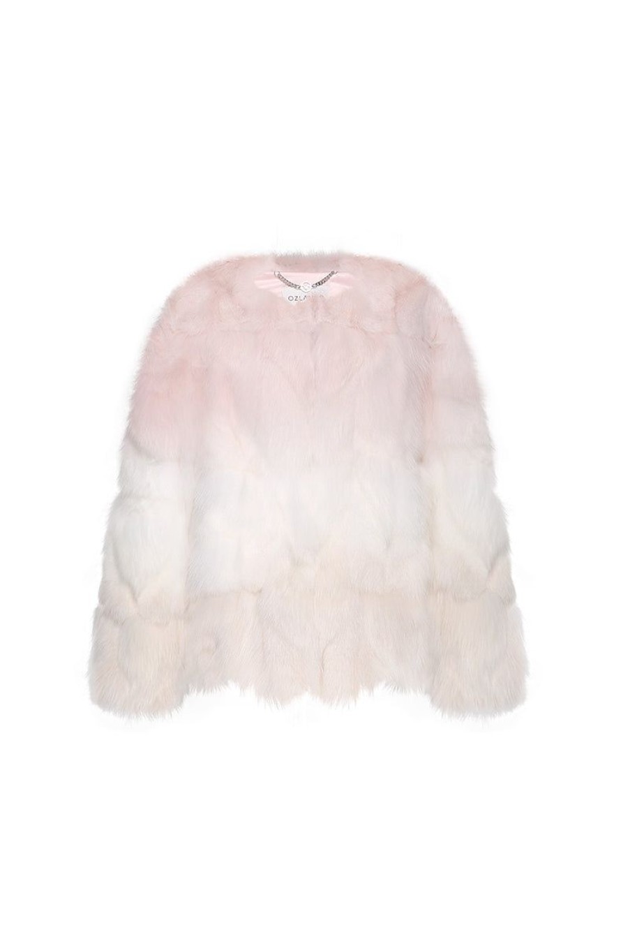 OZLANA Full Fur Jackets | Sunrise Gradient Round Neck Fox Fur Jacket (Pink)