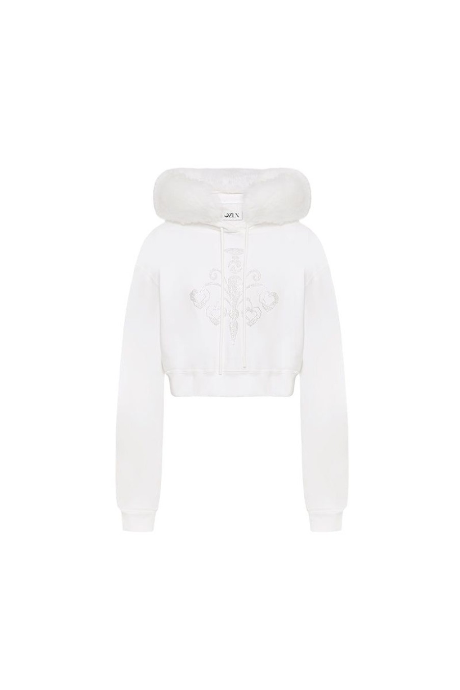 OZLANA Ozln | Ozln Heart Rose Cropped Hoodie(White)