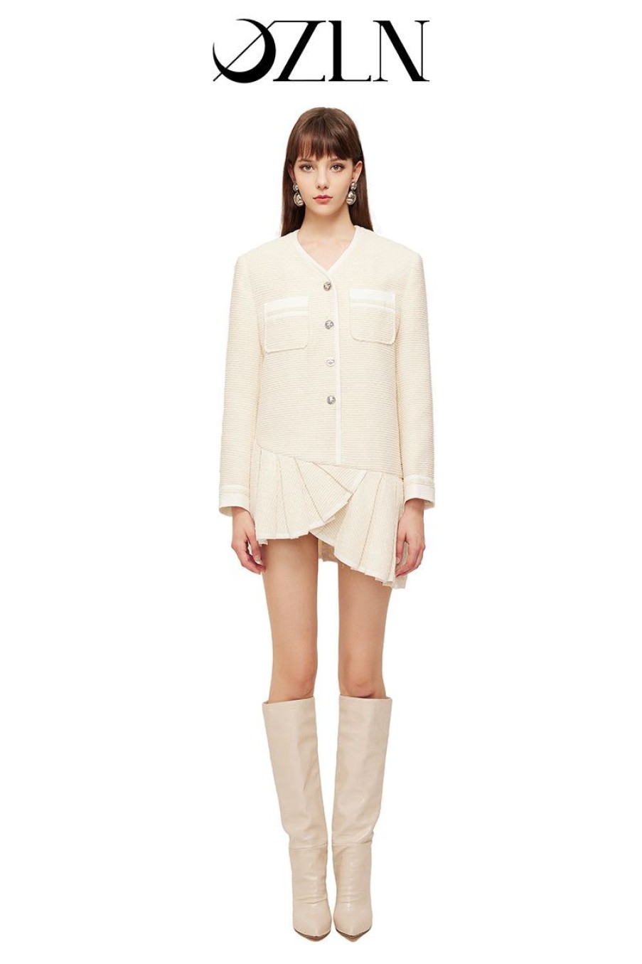 OZLANA Tweeds | Ozln Tweed Drop Waist Pleated Suit Dress (Cream)