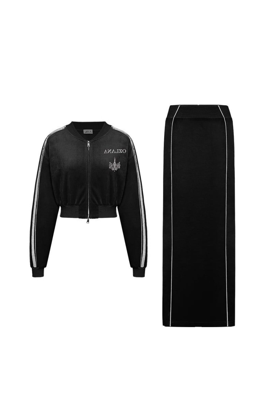 OZLANA Ozln | Ozln O Club Baseball Sweat Suit Midi Skirt Set(Black)