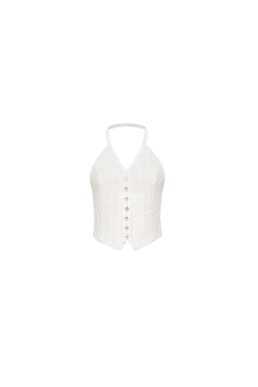 OZLANA Tops | Cream Halter Neck Sleeveless Tweed Top(Cream)