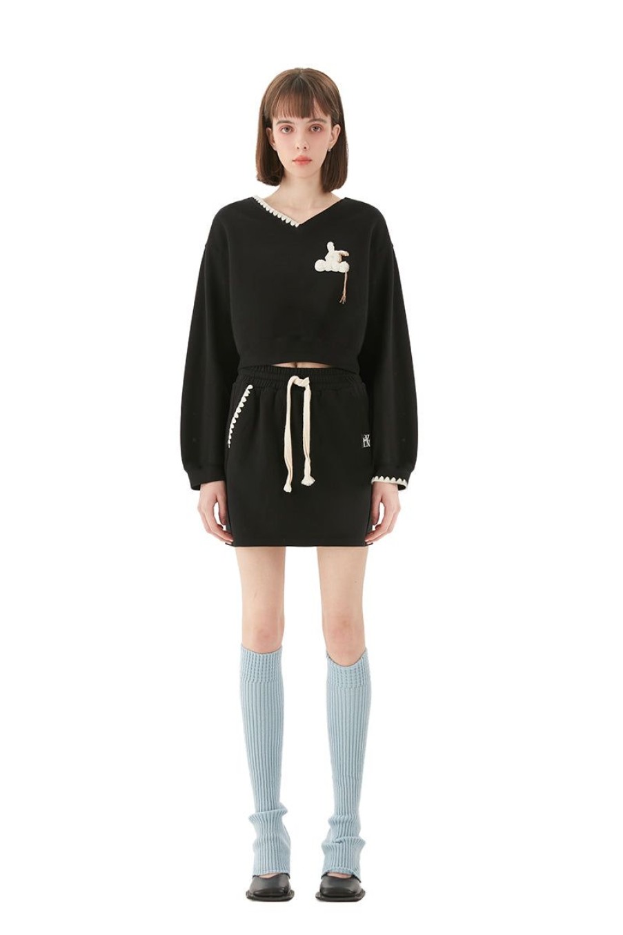 OZLANA Tops | Bunny Stitched Lounge Skirt & Sweatshirt Set (Black)