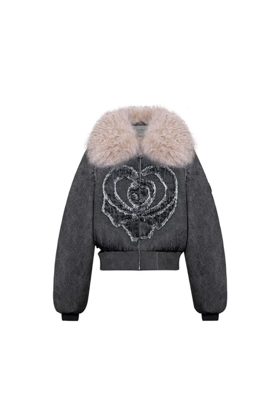 OZLANA Down Puffer Jackets | Rose Heart Zipped Denim Puffer Jacket With Furry Collar(Black)