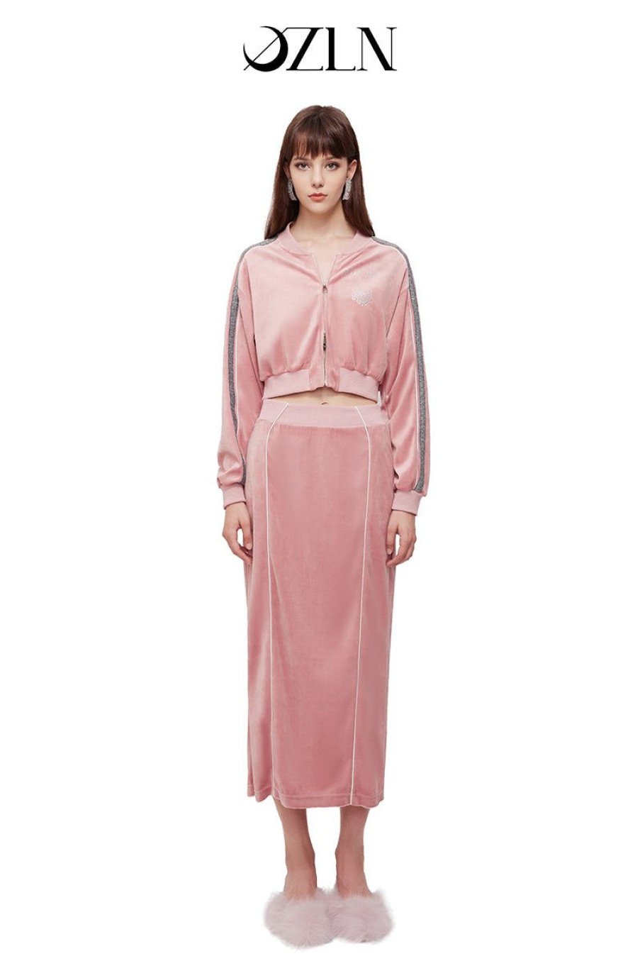 OZLANA Ozln | Ozln O Club Baseball Sweat Suit Midi Skirt Set(Pink)