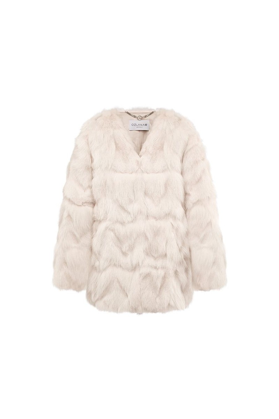 OZLANA Full Fur Jackets | Classic Round Neck Longline Fox Fur Jacket (Cream)