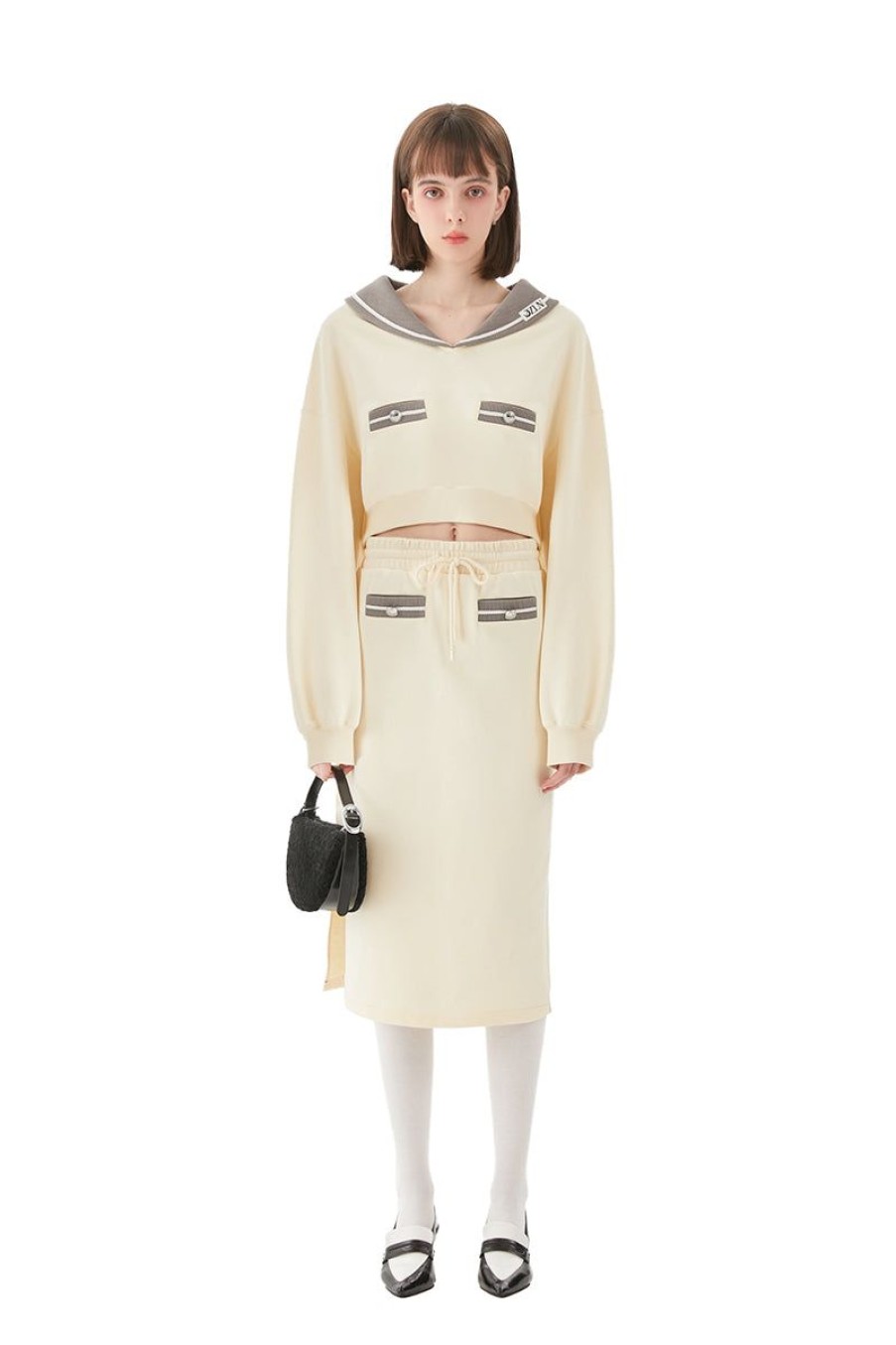 OZLANA Matching Sets | Sailor Girl Midi Skirt & Sweater Set(Cream)