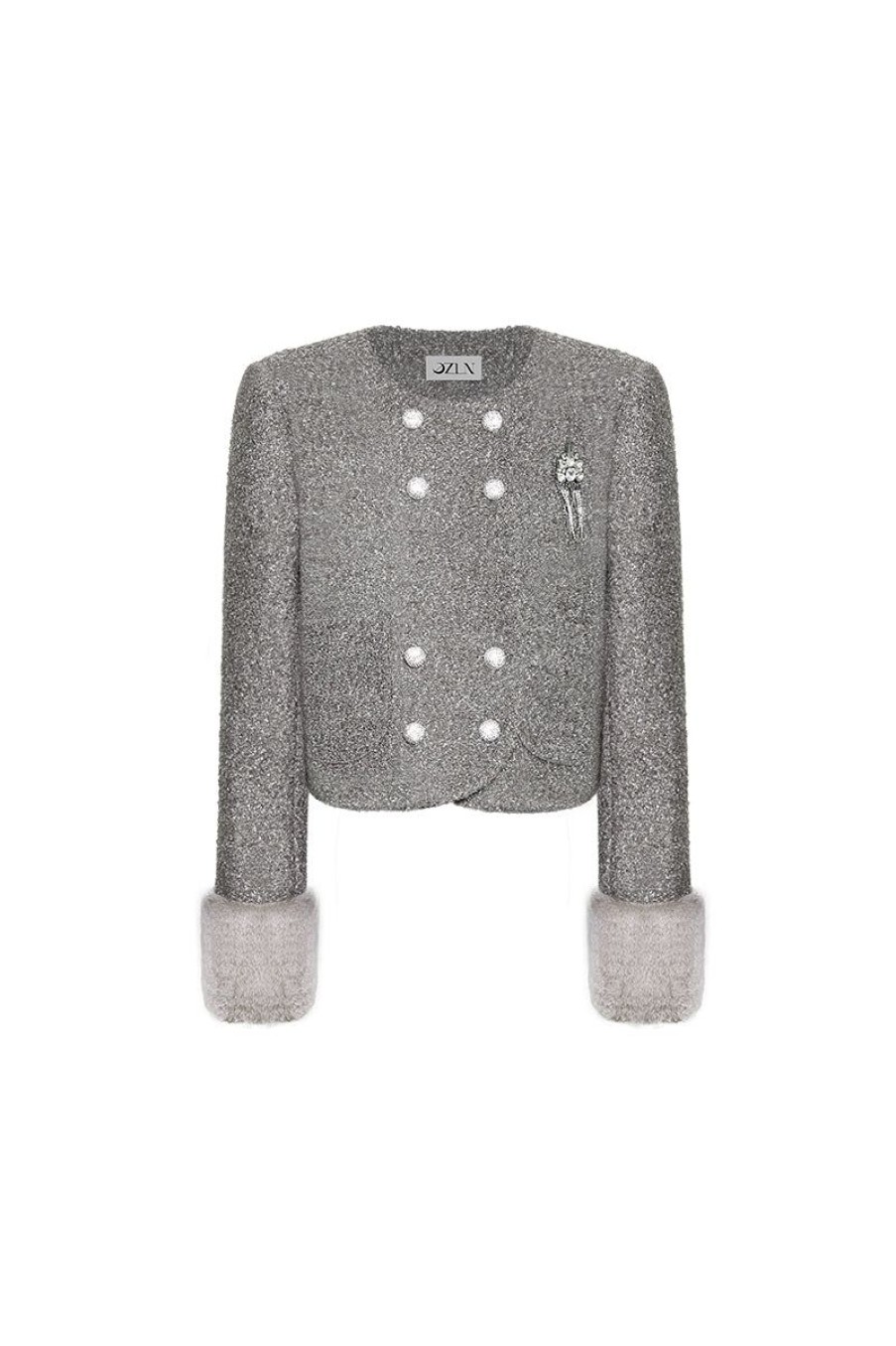 OZLANA Ozln | Ozln Square Neck Tweed Jacket With Detachable Faux Fur(Grey)