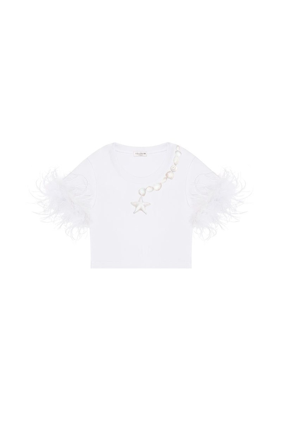 OZLANA Tee Shirts | Sea Shells Feather Cropped Tee (White)