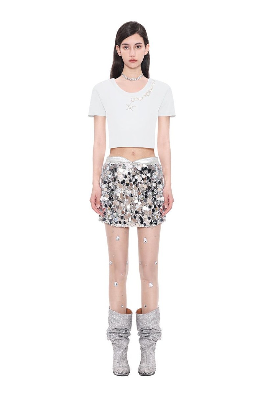 OZLANA Tee Shirts | Sea Shells Feather Cropped Tee (White)