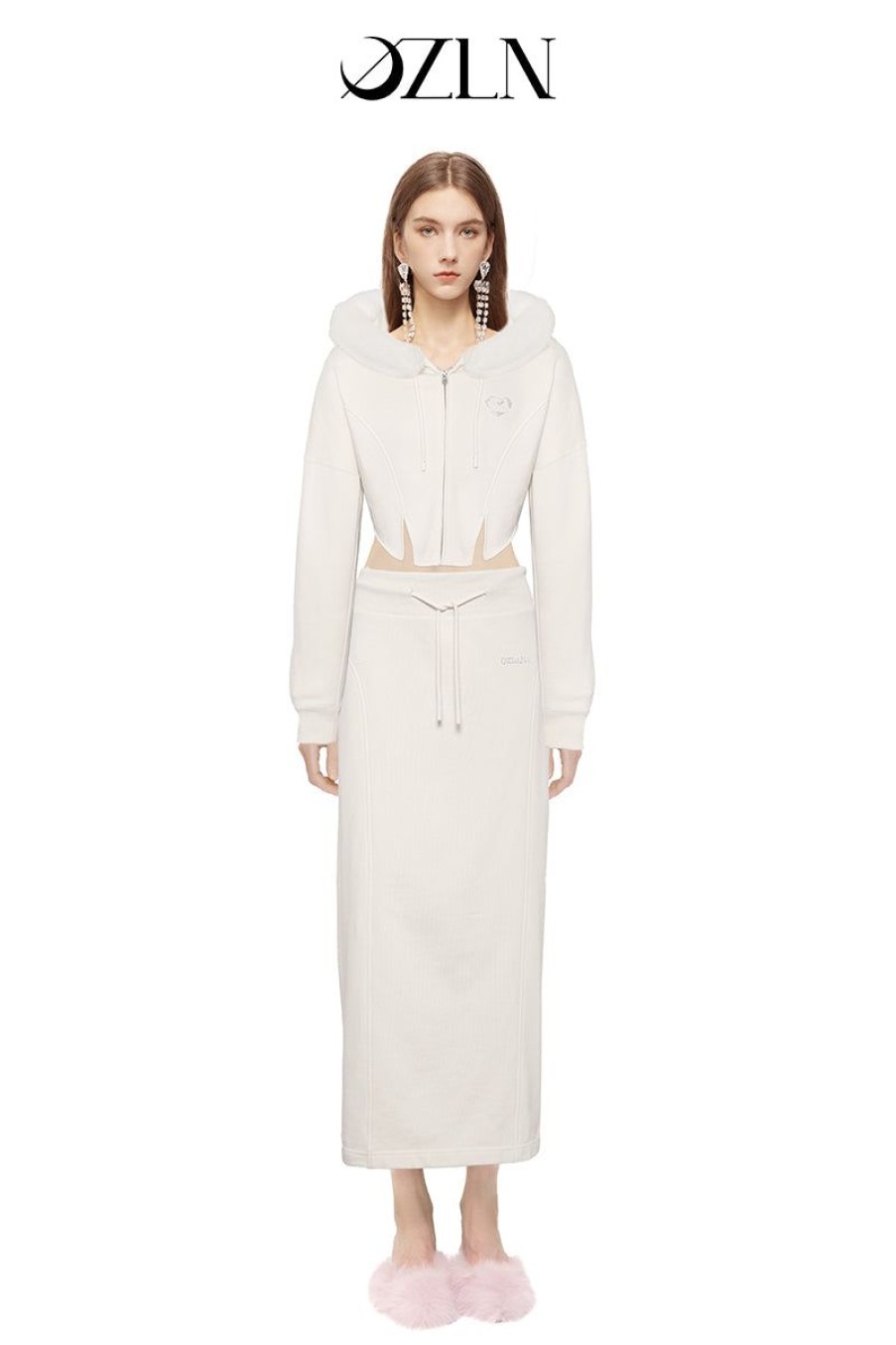 OZLANA Ozln | Ozln Heart Rose Hoodie Sweat Suit Maxi Skirt Set(Cream)