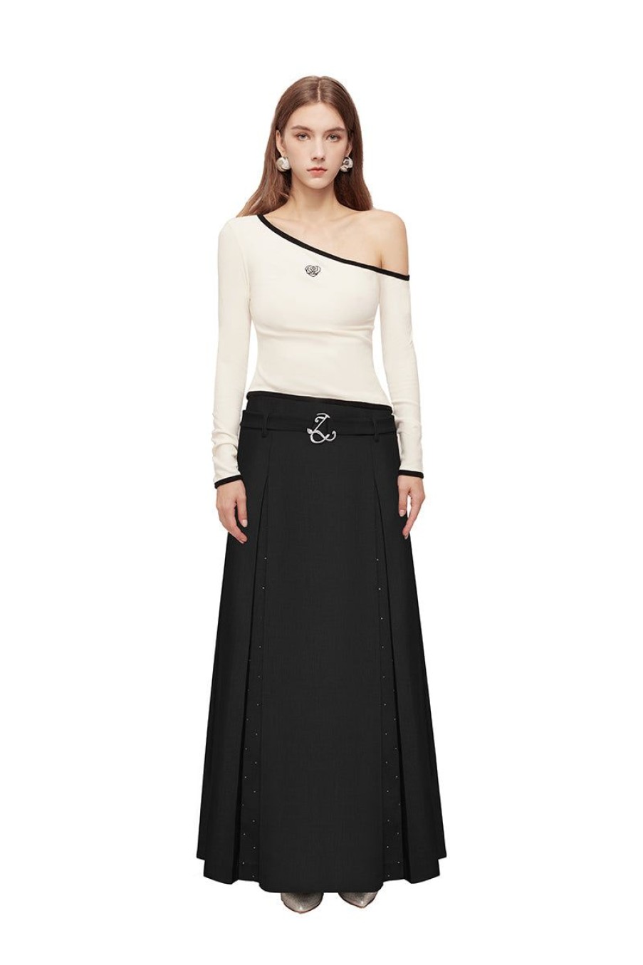 OZLANA Ozln | Ozln Splice Low Waist Pleated Maxi Skirt(Black)