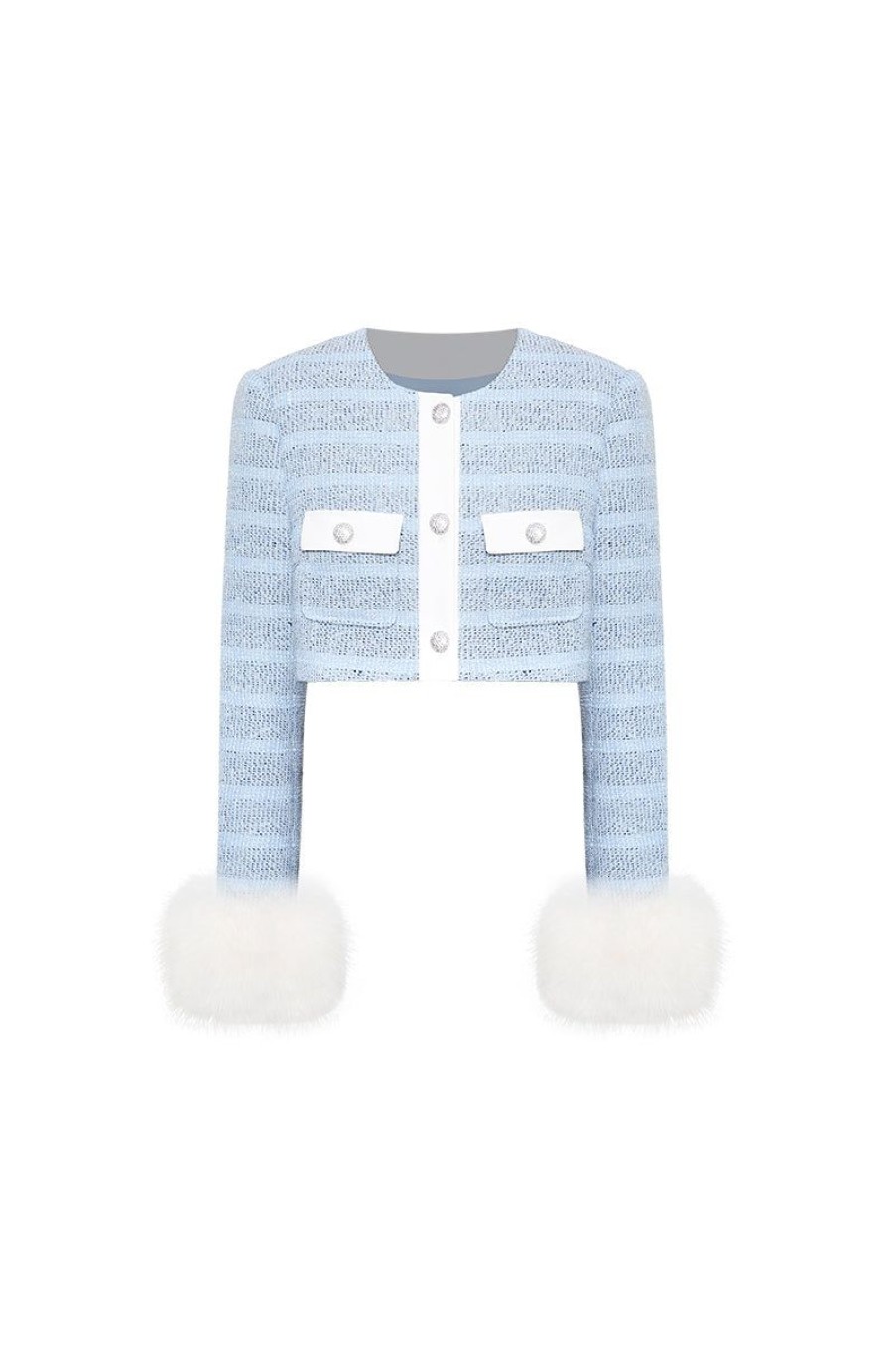 OZLANA Tops | Ozln Tweed Jacket With Detachable Faux Fur(Blue)