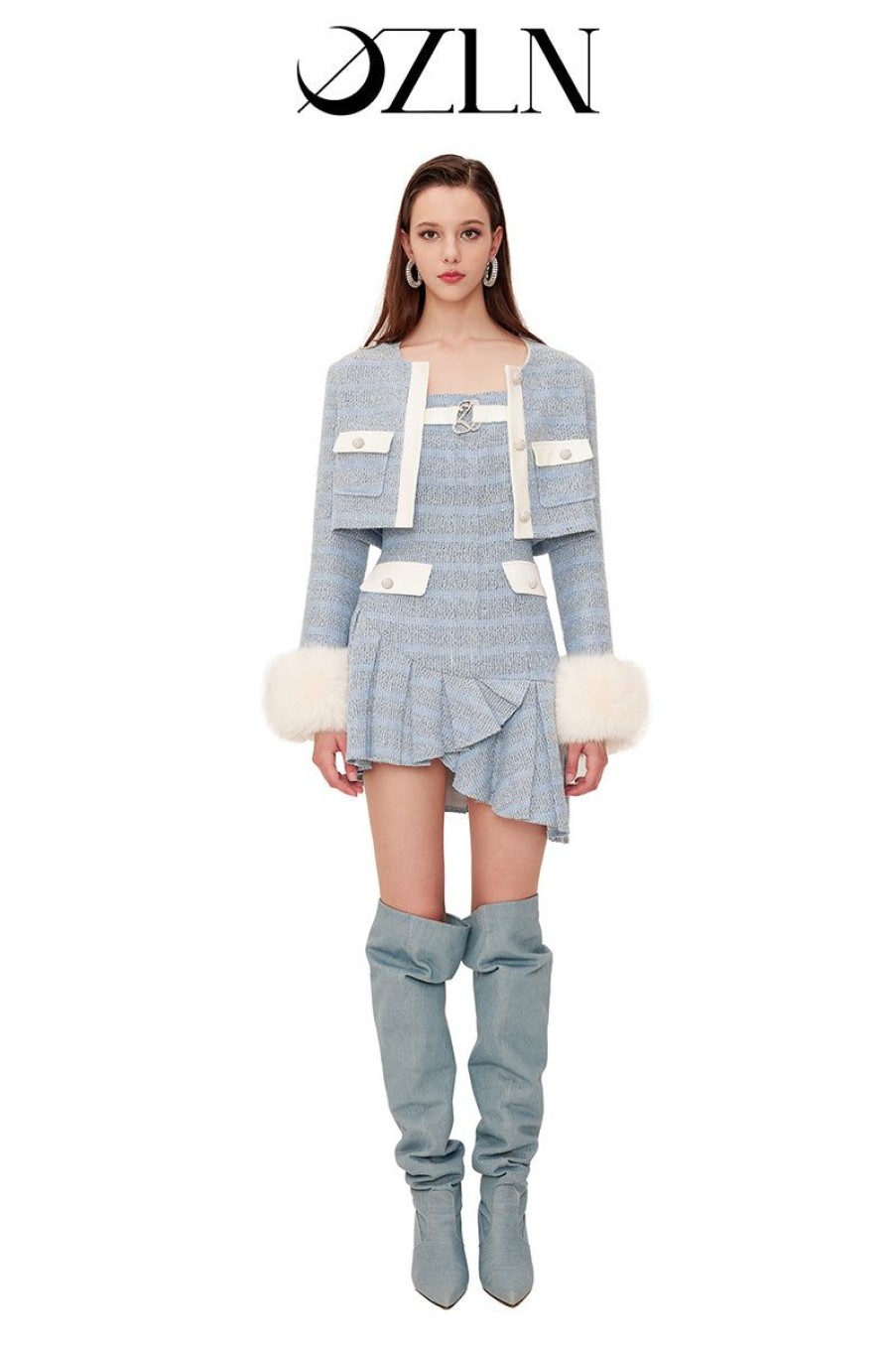 OZLANA Tops | Ozln Tweed Jacket With Detachable Faux Fur(Blue)