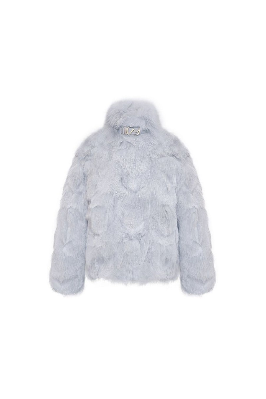 OZLANA Full Fur Jackets | Classic Buckle Collar Fox Fur Jacket (Blue)