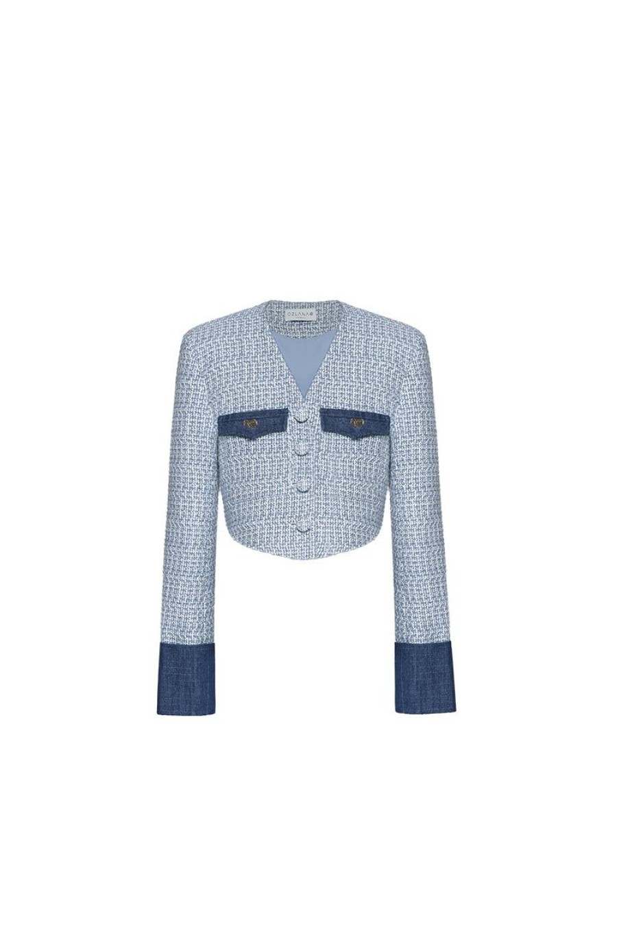 OZLANA Tops | Blue Contrast Tweed Short Jacket(Blue)