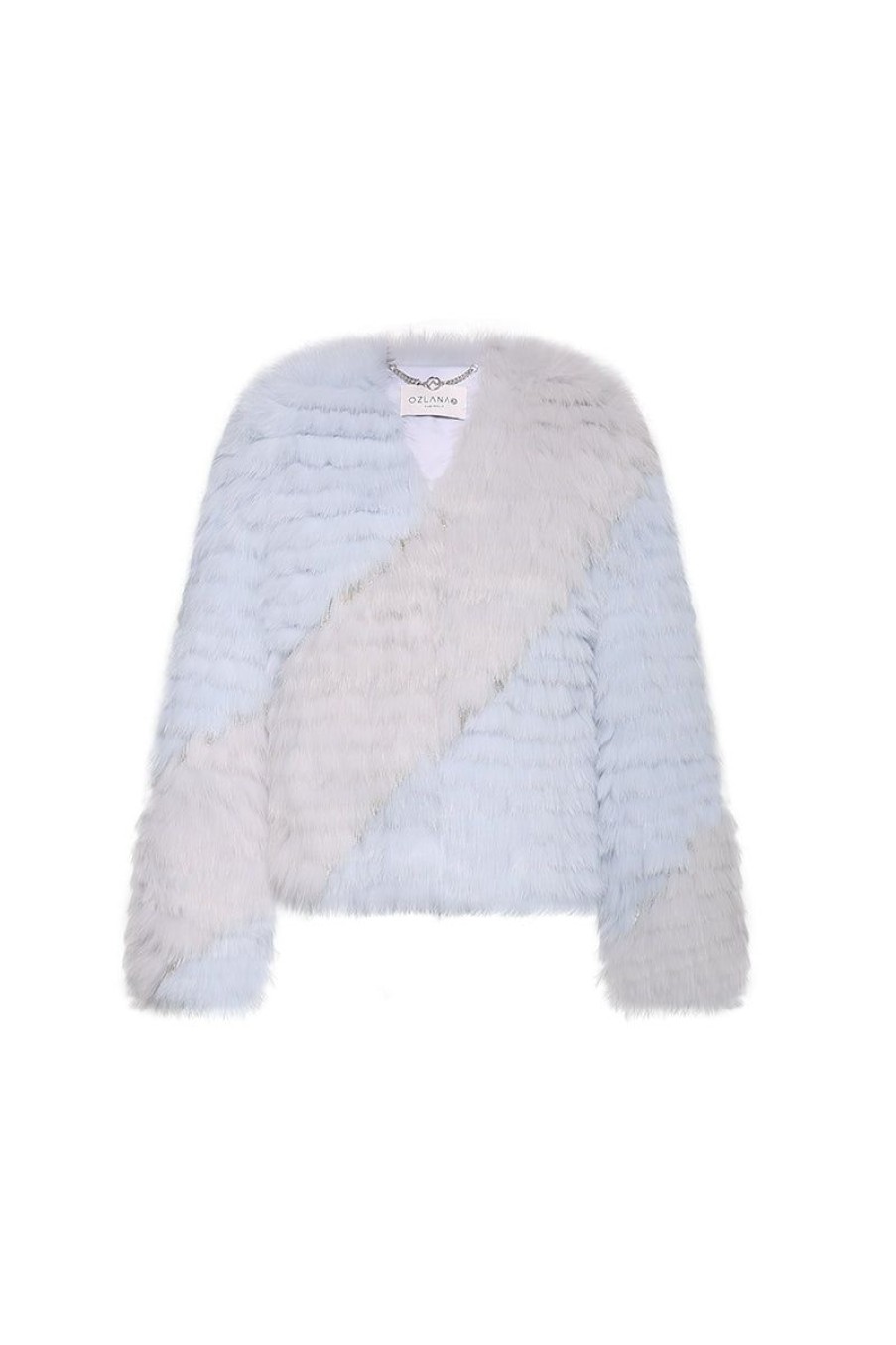 OZLANA Full Fur Jackets | Chandelier Crystal Fringe Fox Fur Jacket (Blue Diagonal)