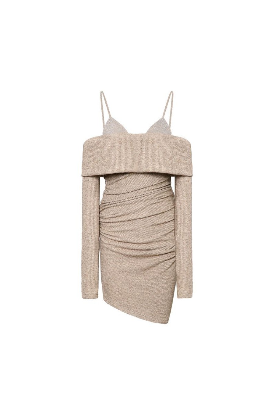 OZLANA Dresses & Sets | Ozln Off Shoulder Strap Glitz Knit Dress(Camel)