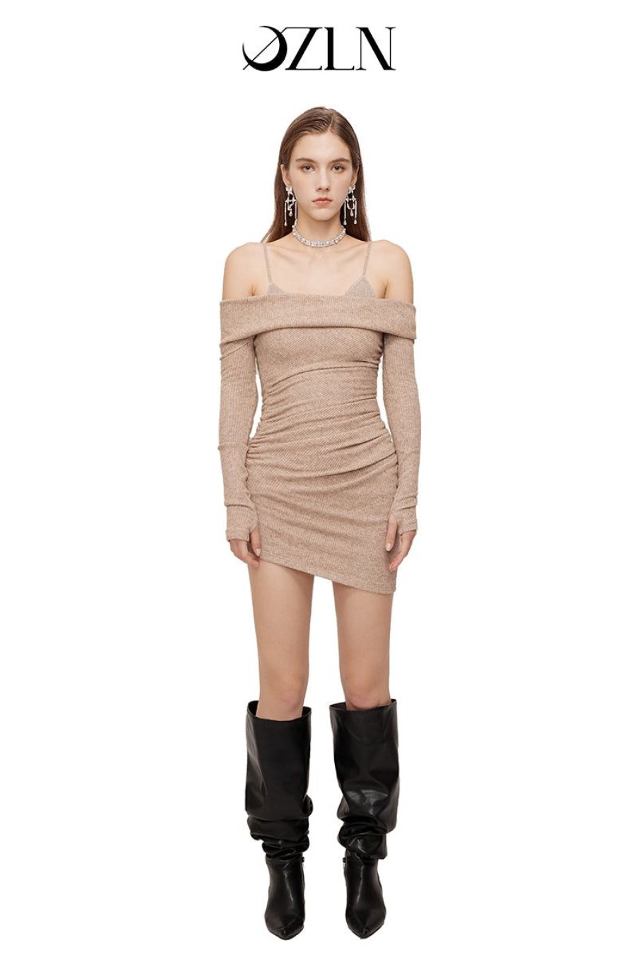 OZLANA Dresses & Sets | Ozln Off Shoulder Strap Glitz Knit Dress(Camel)