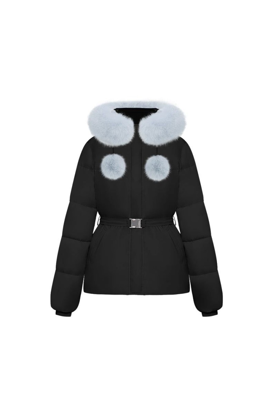 OZLANA Down Puffer Jackets | Pom Pom Fur Collar Down Jacket(Black)