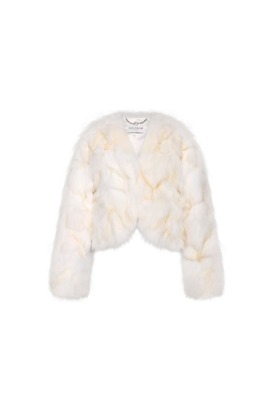 OZLANA Full Fur Jackets | Classic Crop V Neck Fox Fur Jacket (White)