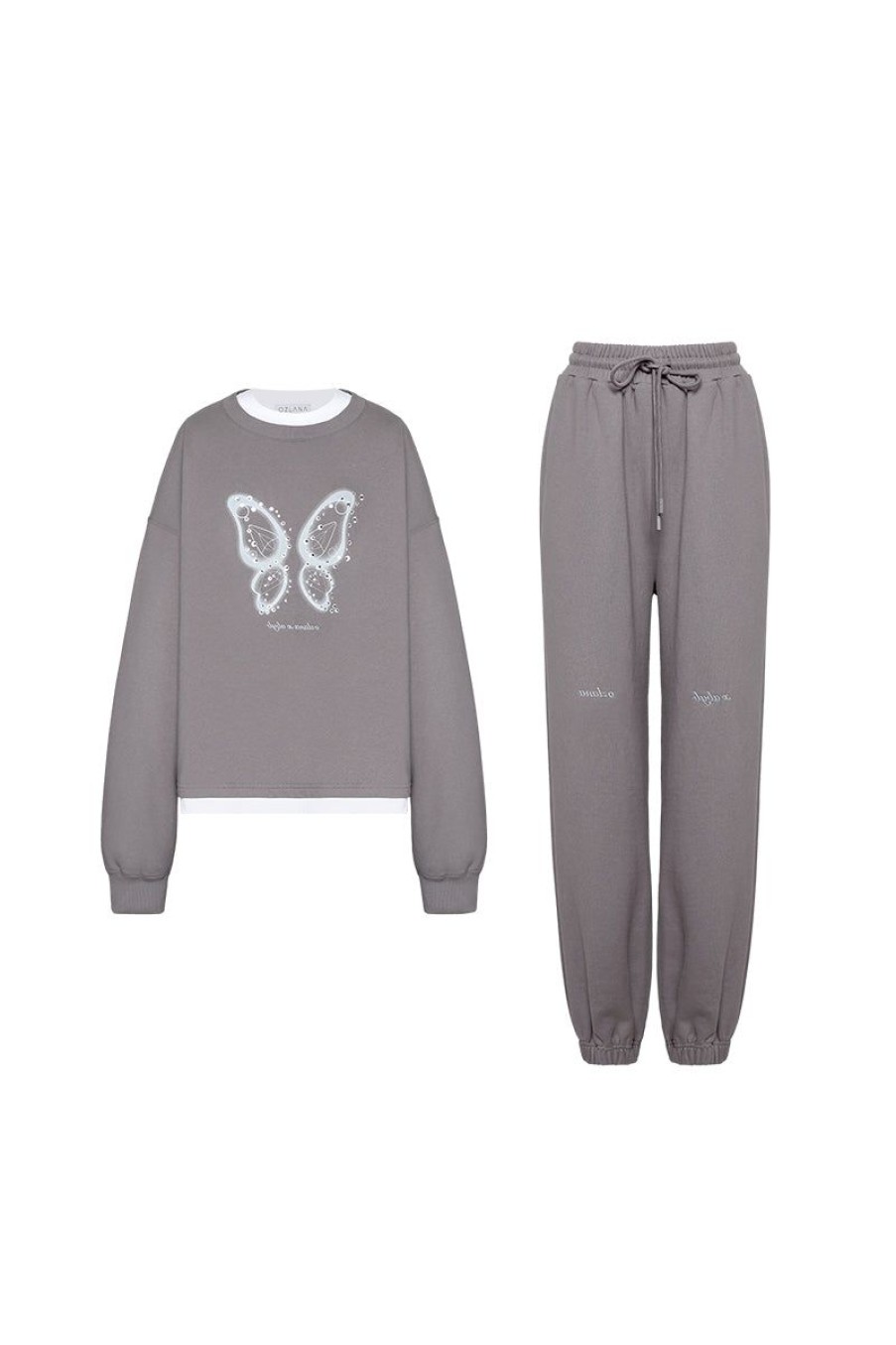 OZLANA Bottoms | Butterfly Oversized Sweatshirt Set(Grey)