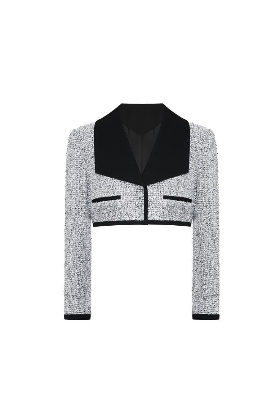 OZLANA Ozln | Ozln Mirrorball Contrast Wide Lapel Cropped Blazer (Silvery)