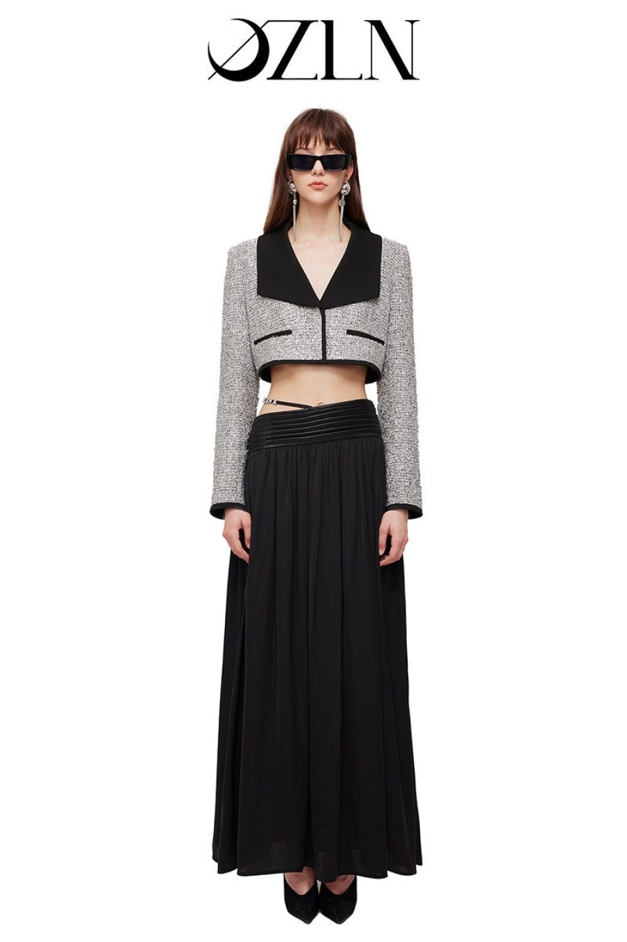 OZLANA Ozln | Ozln Mirrorball Contrast Wide Lapel Cropped Blazer (Silvery)