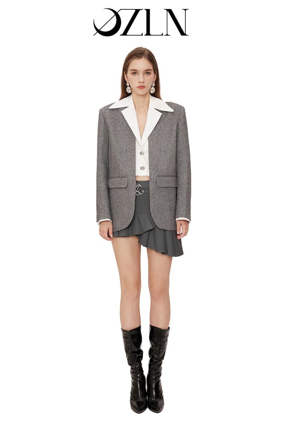 OZLANA Matching Sets | Ozln Pseduo Shirt & Blazer Combo (Grey)