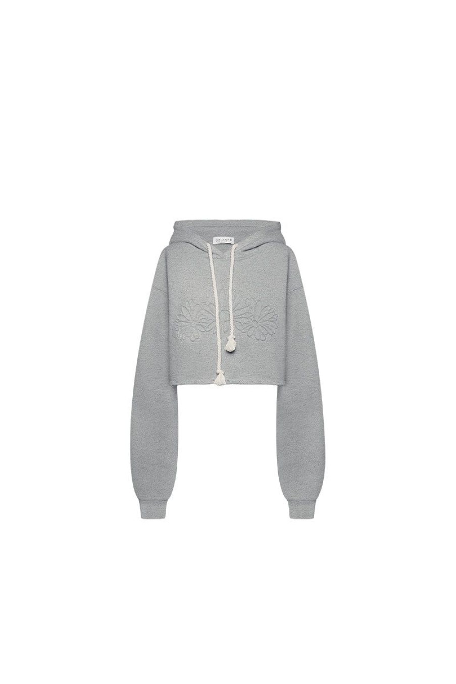 OZLANA Tops | Emboss Flower Hoodie Sweatershirt(Gray)