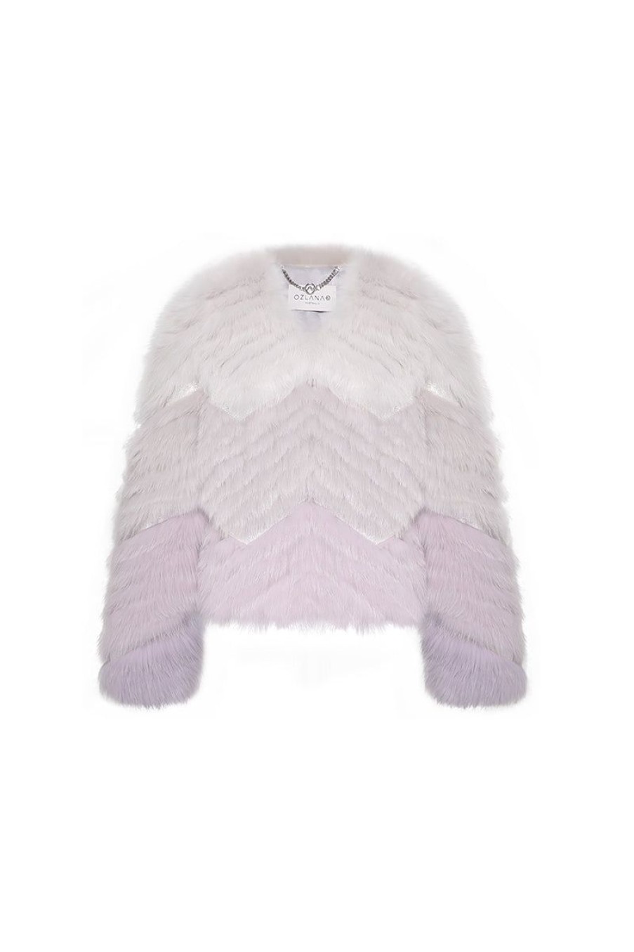 OZLANA Full Fur Jackets | Rippled Gradient Crystal Fringe Fox Fur Jacket(Purple Gradient)