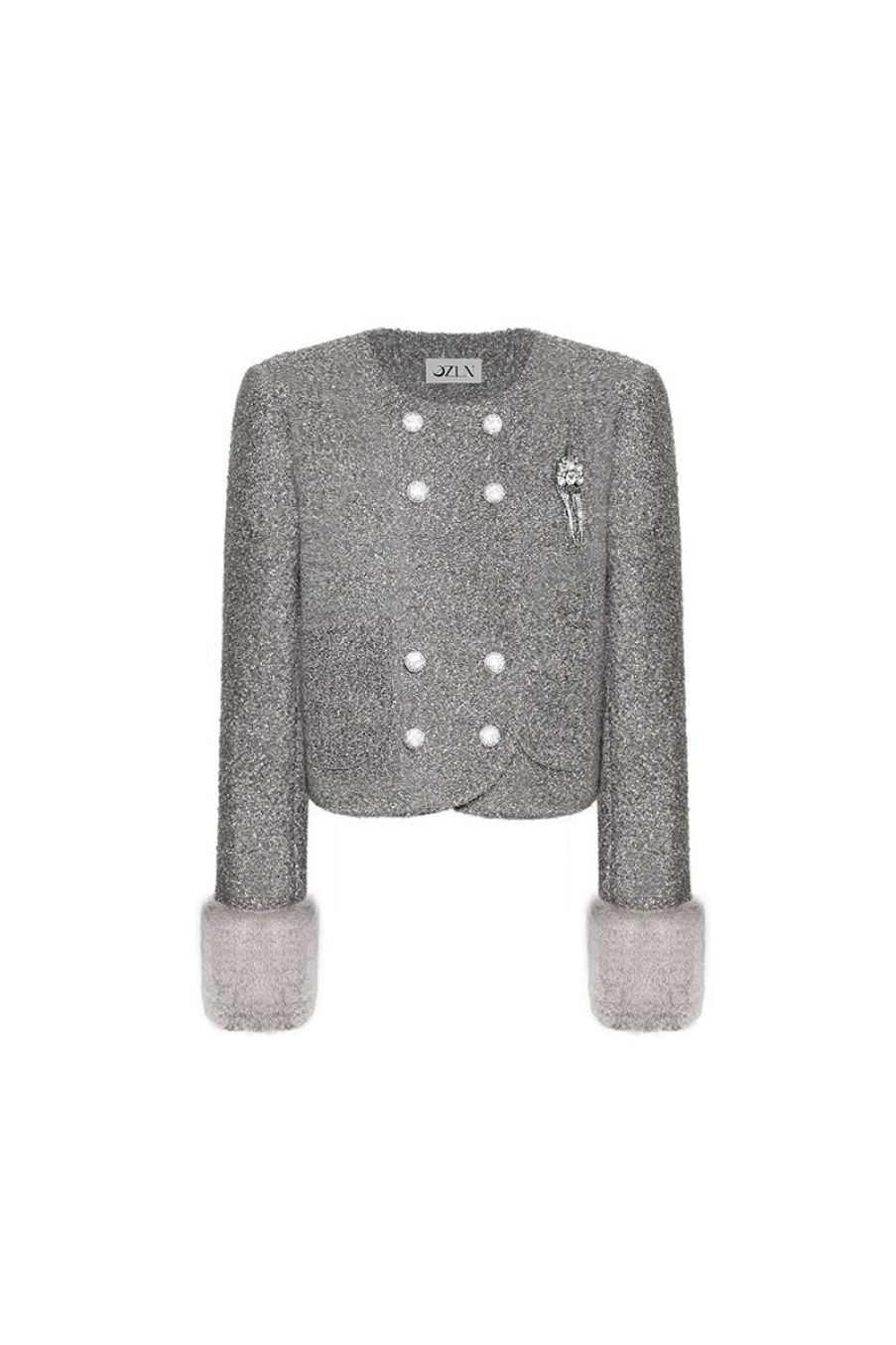 OZLANA Tops | Ozln Square Neck Tweed Jacket With Detachable Faux Fur(Grey)