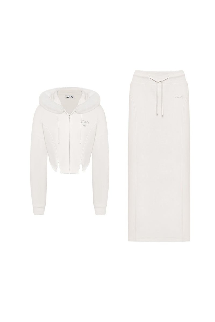 OZLANA Bottoms | Ozln Heart Rose Hoodie Sweat Suit Maxi Skirt Set(Cream)