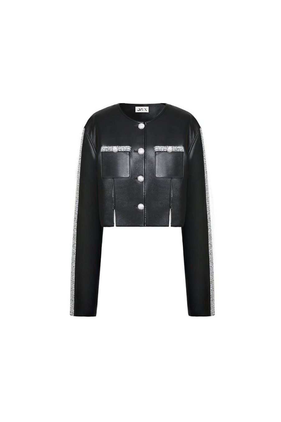 OZLANA Ozln | Ozln Mirrorball Contrast Cropped Eco Leather Blazer (Black)