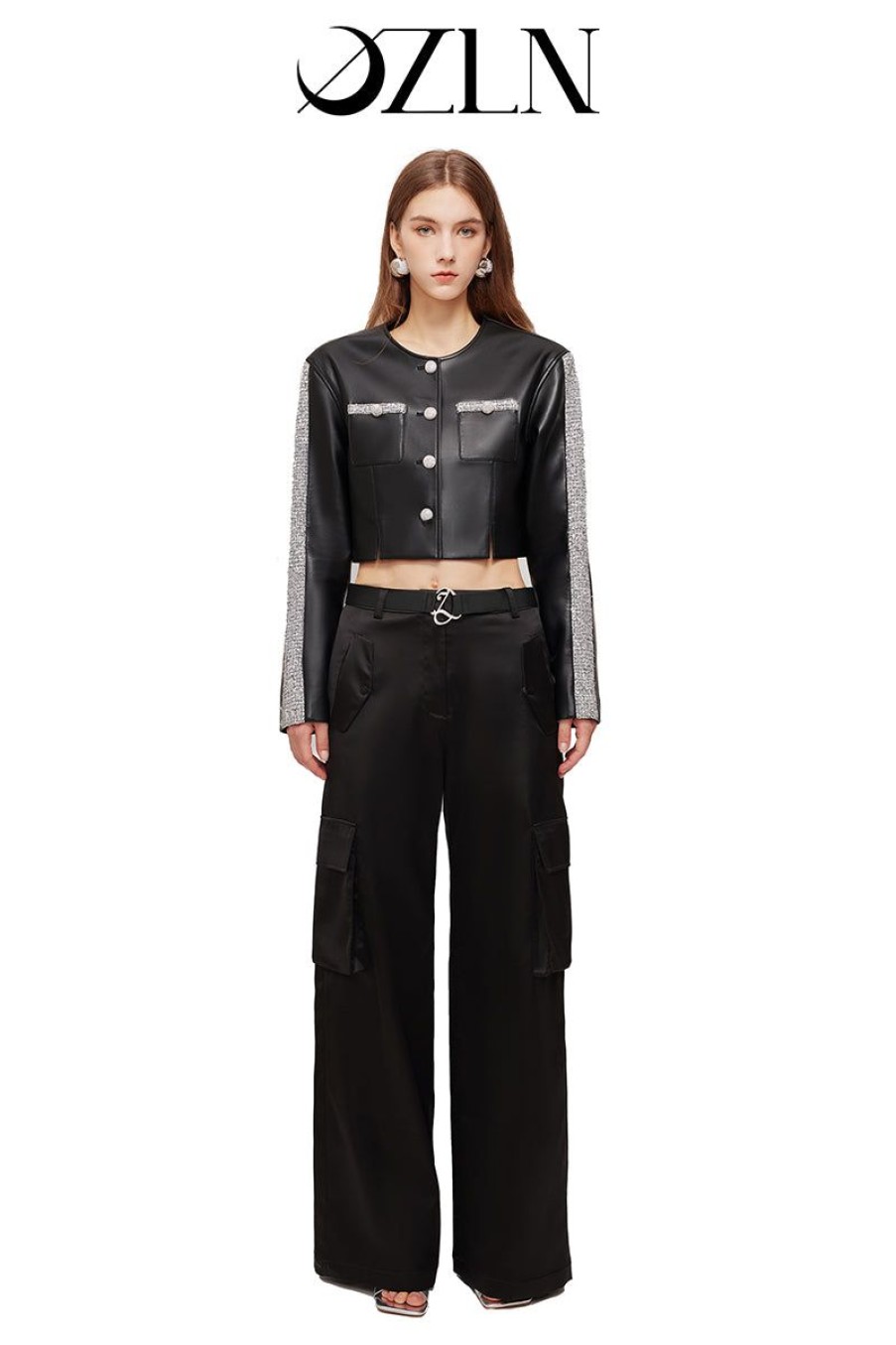 OZLANA Ozln | Ozln Mirrorball Contrast Cropped Eco Leather Blazer (Black)