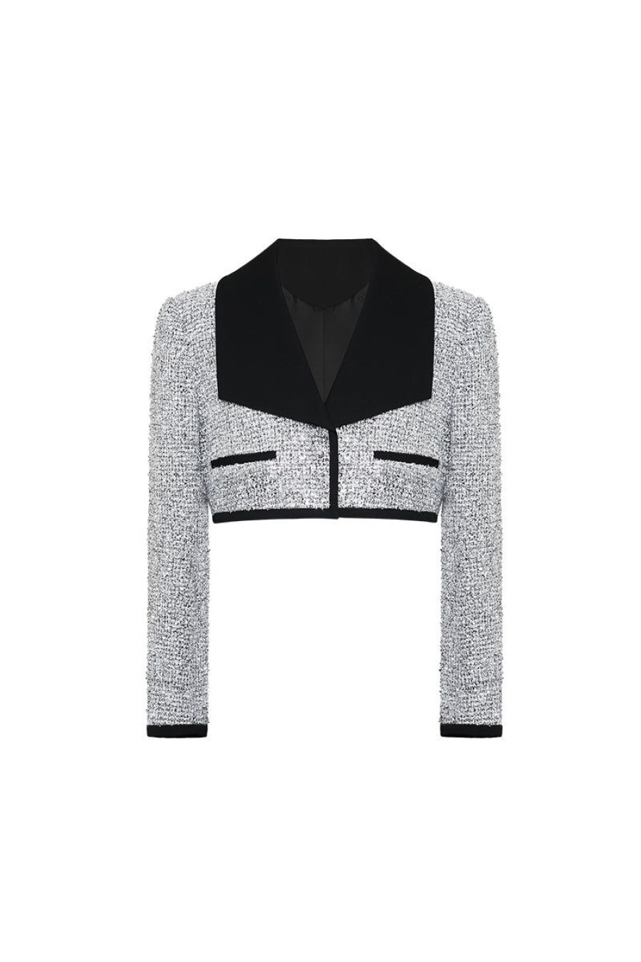 OZLANA Tweeds | Ozln Mirrorball Contrast Wide Lapel Cropped Blazer (Silvery)