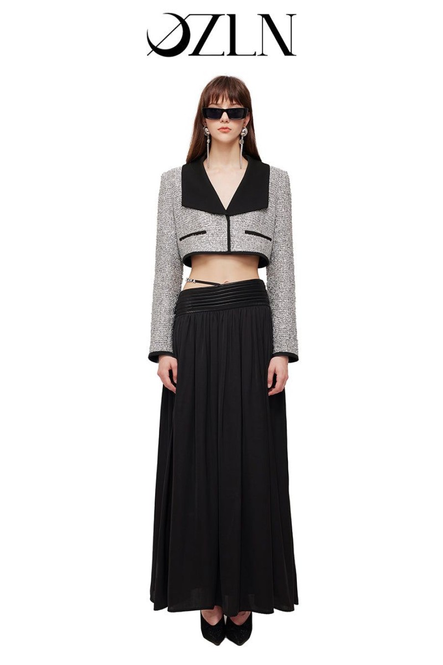 OZLANA Tweeds | Ozln Mirrorball Contrast Wide Lapel Cropped Blazer (Silvery)