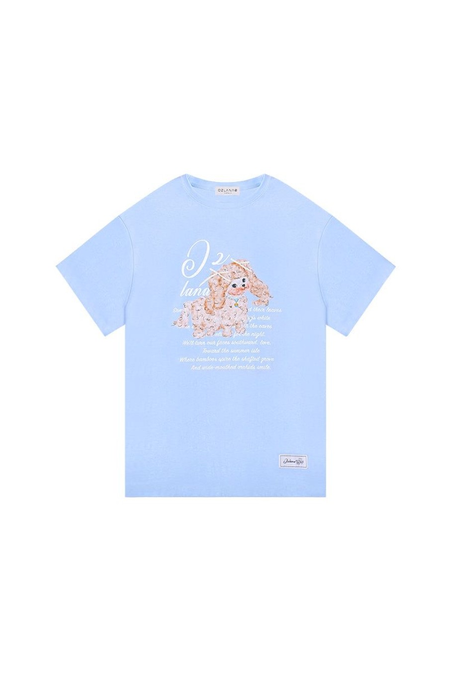 OZLANA Tops | Oversized Pet & Text Graphic T-Shirt(Blue)